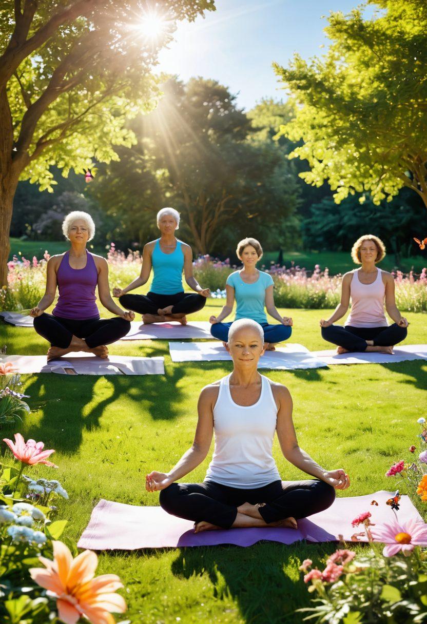 A serene landscape featuring a diverse group of cancer survivors, radiating strength and hope while participating in wellness activities like yoga and meditation in a sunlit park. Include vibrant flowers and butterflies symbolizing renewal, with an uplifting color palette. Each person should represent different backgrounds, ages, and stages of recovery. super-realistic. vibrant colors. tranquil atmosphere.