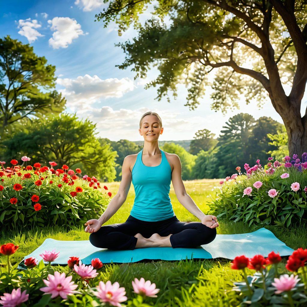 A serene landscape depicting a cancer survivor outdoors, radiating joy and strength. Surround the figure with vibrant flowers and green trees, symbolizing hope and renewal. Include elements of wellness like yoga mats and healthy food in the foreground. The sky should be bright and uplifting, conveying a sense of freedom and vitality. soft-focus. vibrant colors. peaceful atmosphere.